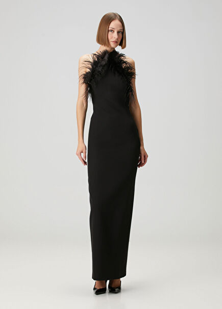 Black Feather Detail Maxi Evening Dress